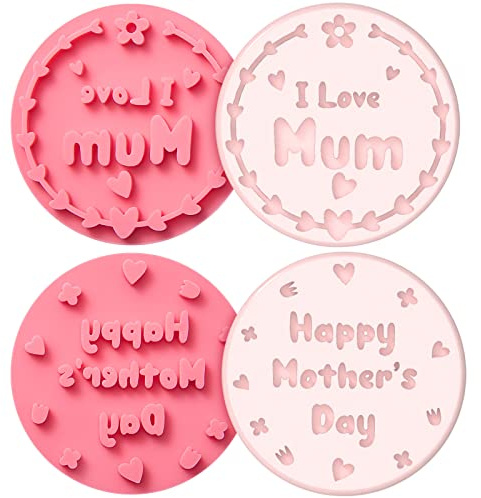 Nuenen Happy Mother's Day Stamp Cupcake Cookie Stamp I Love Mum Heart Icing Fondant Embosser Pink Silicone Mould Baking Accessories 3D Floral Cookie Cutters Mom Birthday Blessing (Cute Style)