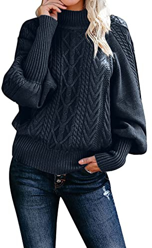 Pull en Laine Femme Col Roulé Automne Hiver Pull Chaud Jacquard Tricot Décontracté Pullover Manches Longues Bouffantes Chic Haut en Cachemire Sweater Vintage Ample Chandail Femme Colour Unie
