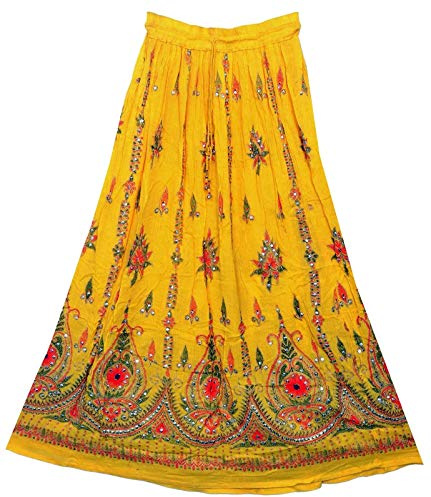 Radhykrishnafashions Indian Yoga Women's Sequined Crinkle Broomstick Gypsy Long Skirt, Wedding Dress (UK, Alpha, L, Regular, Regular, Yellow)