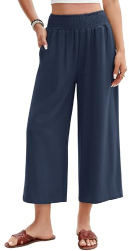 UMIPUBO Women Trousers 3/4 Summer Cotton Linen Cropped Pants Wide Leg Palazzo Casual Elasticated High Waist Beach Loose Fit Ladies Bottoms with Pockets Work Yoga Holiday (Navy, M)