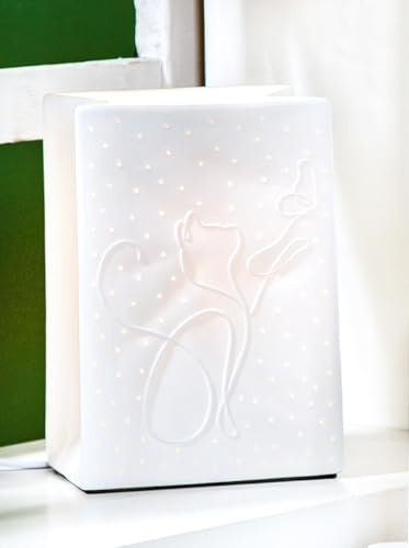 GILDE Tischleuchte Love Cat Porzellan weiß Katzen Motiv rechteckig Höhe 18 cm Tischlampe Dekoration Beleuchtung Wohnaccessoire