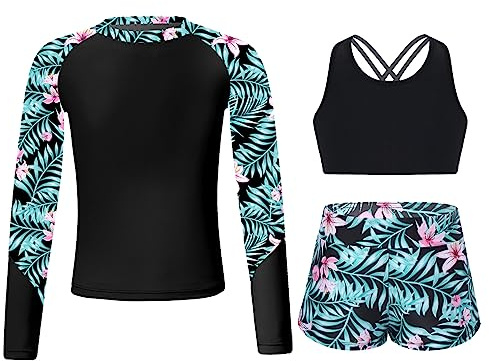 ranrann Barn flicka 3-delad baddräkt anti-UV baddräkt topp och shorts baddräkt tankini set 7–16 år, C svart, 13-14 �r