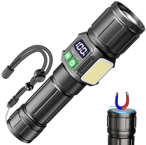 WholeFire LED Taschenlampe Aufladbar USB, Extrem Hell 10000 Lumens 9 Modi | Magnetisch, COB Seitenleuchten, Digitalanzeige, Wasserdicht, 1200m Reichweite, Zoombar, für Camping Wandern Angeln Werkstatt