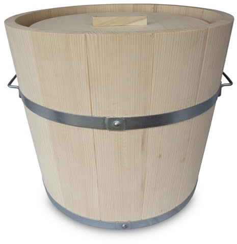 KERAZO Gäreimer mit Deckel – naturbelassenes Gärfass mit Metallumreifung und Haltegriffen – Sauerkrautfass aus Holz für Fermentation von Gemüse, Kimchi, Gurken – Holz Gärtopf aus Weißtanne (25 Liter)