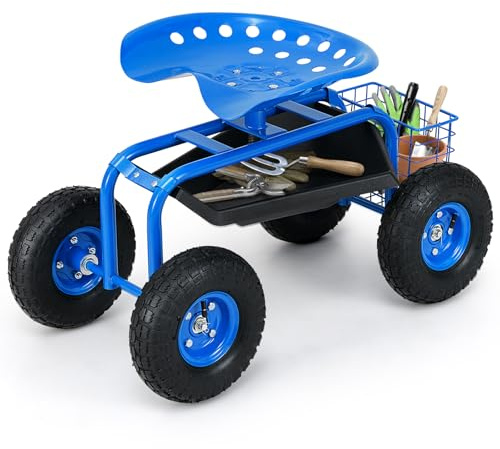 COSTWAY Sgabello da Giardino, Sgabello per Giardinaggio con Ruote, Sedile Regolabile in Altezza e Girevole a 360°, Cestello e Vassoio, Carrello per Prato e Giardino, Portata 150 kg (Blu)