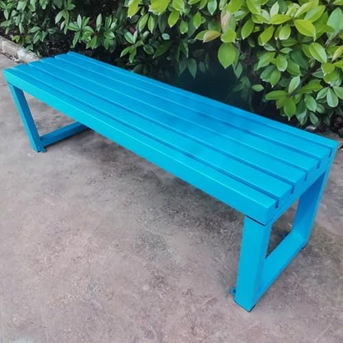 Moderne Gartenbank aus Metall ohne Rückenlehne, wetterfester 2-Personen-Terrassensitz mit Befestigungslöchern, Latten-Design für Veranda, Rasen, Schulen (Blau, 150 cm)