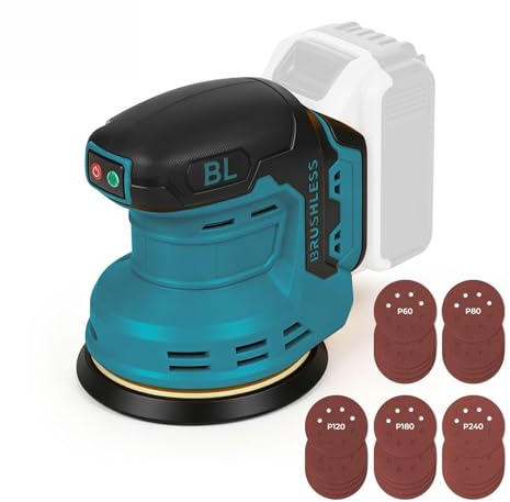 Ponceuse excentrique sans fil (compatible Makita), 125 mm, sans charbon, 9 700 – 19 000 tr/min – incl. 25 feuilles abrasives et système d'aspiration ; idéale pour le ponçage et le polissage du métal
