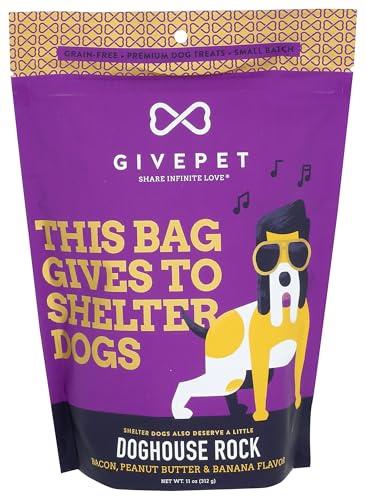 Doghouse Rock Dog Treats, 11 oz by GivePet - Premium Dog Training Treats, Grain-Free with No Artificial Flavors - Bacon, Peanut Butter and Banana Dog Snacks - Dog Treat Bag, Made in USA