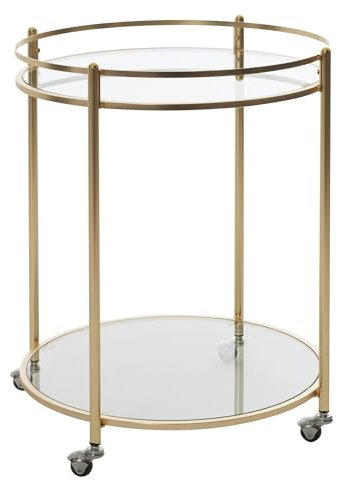 FineBuy Design Servierwagen Gold Ø 57 cm Beistelltisch, Teewagen Metall mit Rollen, Küchenwagen mit Glasplatten, Barwagen rund 75 cm hoch, Küchentrolley modern, Rollwagen