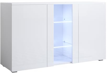 MB Muebles Bonitos, Buffet Meuble TV avec Pieds 2 cm Luke A1 pour Salon et Salle à Manger avec Lumière LED, Meuble en Mélamine Brillante, Couleur Blanc, 120x72x40 cm