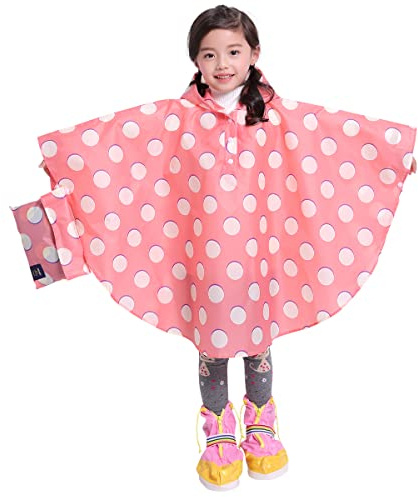 Spmor Kids Rain Poncho Hooded Jacket Rain Coat Pink Polka Dot S(Fits Height 31.4''-39.3'')