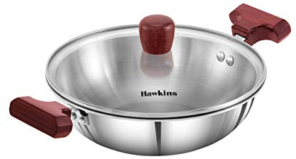 HAWKINS 1.5 Litre Deep Fry Pan, Triply Stainless Steel Kadai with Glass Lid, Flat Bottom Induction Kadhai, Small Kadai, Silver (SSD15G)