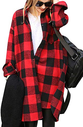Onsoyours Mujer Camisa A Cuadros Oversize Chaqueta Otoño Blusa Suelta Clásica A Cuadros Manga Larga Cuello Vuelto Botones Túnica Ropa Abrigo Botones Bolsillo Tops C Rojo XL
