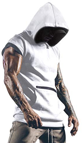 Vests for Men Sleeveless Gym Hoodie Running Sports Tops Smart Training Boxing T Shirt Clothes with Hood White L