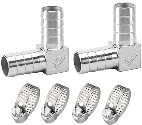 Pysrych Stainless Steel Hose Barb Fitting 90 Degree Elbow 3/8 Barbed x 3/8 Barbed Right Angle L Shaped Connector with 4pcs Hose Clamps (Pack of 2)