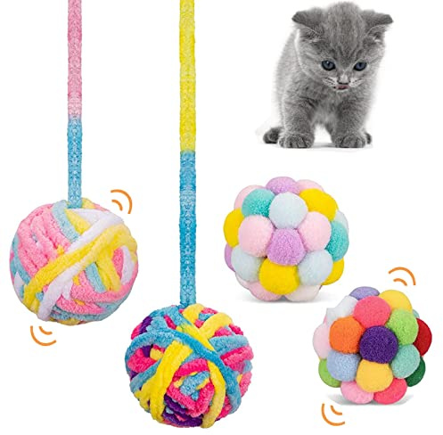QIODAZOO 4 pezzi Gioco Gatto Interattivo Palla, Palle Gioco per Gatti Palla di Gatto con Campana Colorate di Peluche per Gattino Cucciolo Cane