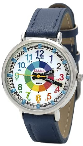 Kiddus Lernuhr Kinder, Analoge Armbanduhr ab 5 Jahren, Jungen Mädchen | Erste Lern-Armbanduhr, Blau PU-Leder, 3ATM nur für Spritzwasser, klassische Zeiger und große Zahlen