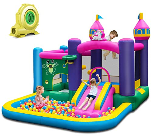 DREAMADE Einhorn Aufblasbare Hüpfburg mit 680 W Gebläse, Wasserpark mit Planschbecken & Rutsche & Springbereich, Spielburg mit Reparaturset & Tragetasche, Hüpfschloss 390 X 330 X 270 cm (mit Gebläse)