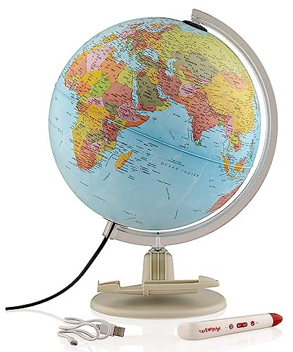Tecnodidattica – Parlamondo | Globo terrestre interattivo per piccoli e grandi | Luminoso e girevole | Penna audio-musicale | 6 lingue disponibili | Mappatura politica | Diametro 30 cm