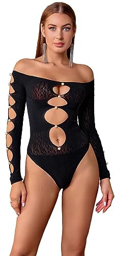 Bommi Fairy Damen Sexy Schulterfrei Langärmliges Bodysuit Ausgeschnittene Vorne Mesh Eng Einteiler Helle Künstliche Perlen Bodystocking (Schwarz)