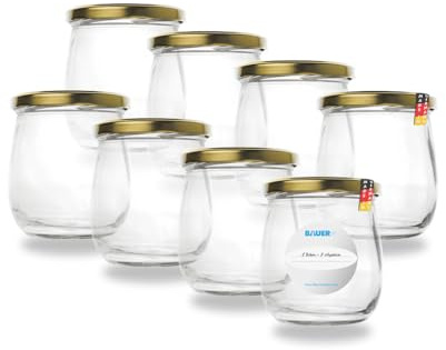 Flaschenbauer - 8x Einmachgläser 417ml - Konservengläser mit TO82 Twist-Off Deckel, inkl. Etiketten - Marmeladengläser, mit Schraubdeckel, Schraubgläser, Joghurtgläser (Gold) - Made in Germany