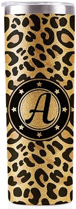 Onebttl Personalised Leopard Print Cup With Initial - Unique Gift for Women - Birthday, Christmas Ideas - 591ml Vacuum Tumbler With Lid and Straw - Glitter - A
