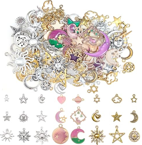 BetterJonny 130pcs Jewelry Charms, Star Moon and Sun Charms Pendant Fitting Enamel Charms for Jewelry Making Gold Silver and Purple…