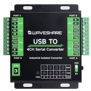 Waveshare Industrial USB to 4-Ch Serial Converter, Original FT4232HL Chip, Supports USB to RS232/485/422/TTL, Multiple Devices Applicable, Multi-OS Compatible
