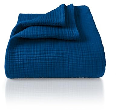 LAYNENBURG Premium Musselin Tagesdecke 150x200 cm - 100% Baumwolle - extraweiche, leichte Sommerdecke als Kuscheldecke, Bett-Überwurf, Baumwolldecke, Couch-Überwurf - warme Sofa-Decke (Blau)