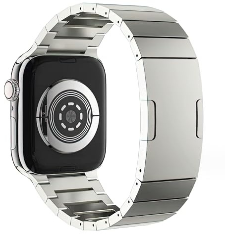 Titanarmband für Apple Watch 46mm/49mm, DLC‑Flaches Gliederarmband, Silber | MaKTech, DLC-Beschichtung Kratzfest, Faltschließe, für Apple Watch 11/10 46mm, Ultra 3/2/1 49mm, 9/8 45mm, SE 3/2 44mm