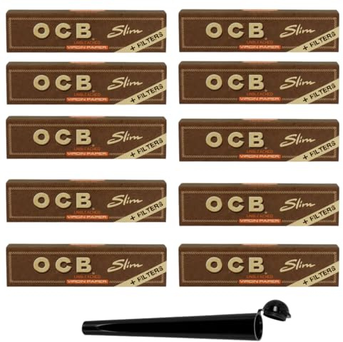 raupir Set 10 Heftchen OCB Unbleached Slim Virgin Papier mit Filtertips ultra dünnes, ungebleichtes Hanfpapier King Size Slim 1 Tube schwarz