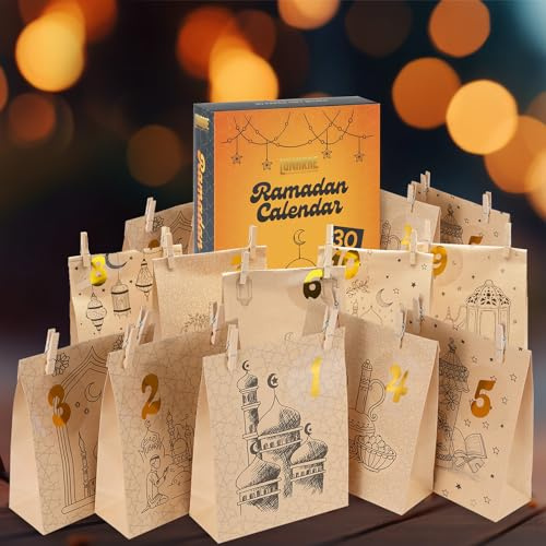 Lunarae Ramadan presentpåsar set I 30 stycken kraftpapperspåsar med orientalisk design I perfekt för Ramadan kalender och dekoration I 21,5 x 16 cm med klämmor I återanvändbara och miljövänliga