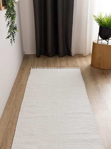 Interiyou Toledo - Alfombra de algodón, 80 x 250 cm, color blanco, tejida a mano con flecos, para salón, dormitorio, habitación infantil, comedor, cocina o pasillo