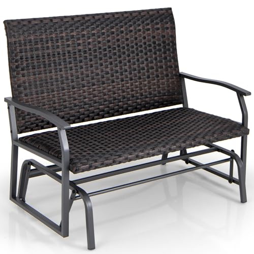 COSTWAY 2-Person Rattan Glider Bench, Patio Double Swing Gliding Chair Loveseat, Outdoor Relax Rocking Chair for Balcony, Porch, Backyard and Poolside