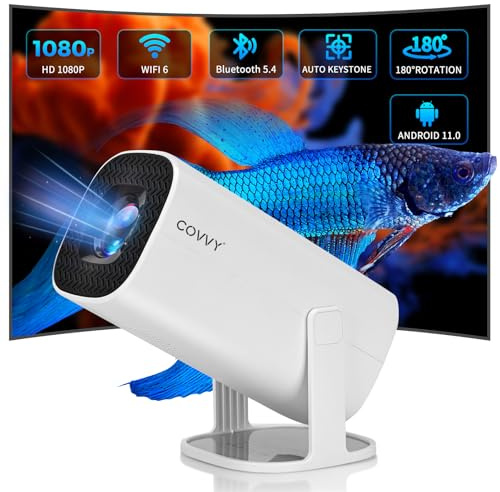 COVVY Mini Beamer Unterstützt 4K 1080P, tragbarer Projektor mit WiFi 6,BT 5.4 und Android 11.0, uto Keystone Korrektur, 180 Grad drehbarer Beamer Klein Projektor für Telefon/TV Stick/Laptop