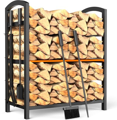 Meoligr Kaminholzregal Innen mit 4 Kaminwerkzeug Brennholzregal 72x44x30cm Kaminholzständer Doppelschicht Großer Lagerung Schmiedeeisen Kaminholzhalter Holzregal,Schwarz (Orange)