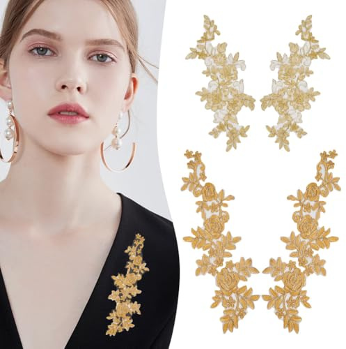 HOBBIESAY 4 Stück 2 Stile Stickerei Spitzen Blumen Applikationen Gold Polyester Blumenaufnäher Aufnäher Zum Aufbügeln Näh Applikationen Für Hochzeitskleid Kleid Kostüm DIY