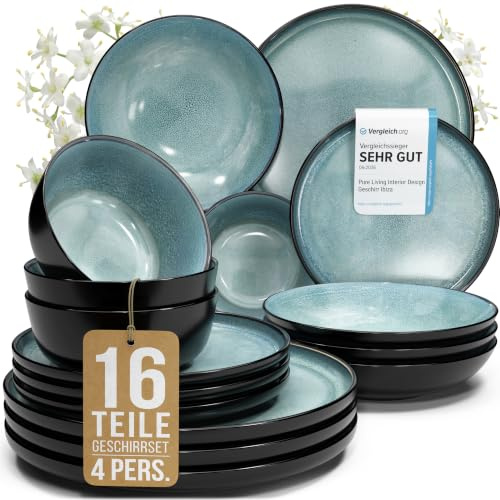 Steingut Geschirrset 4 Personen Ibiza 16 tlg. TESTSIEGER, Traumhaftes Mediterranes Steingut Geschirr Set, Schüssel- und Teller Set, Tafelservice 4 Personen, Geschirrsets Pure Living in Petrol