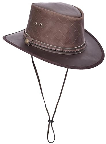 Australischer Buschhut aus echtem Leder, Outback, Traveller, Cowboy-Stil, HL3341, Braun, braun, M