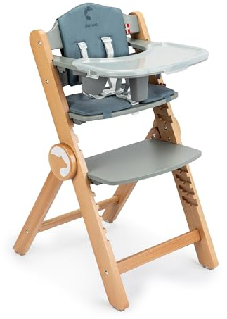 Kidnort Holzhochstuhl Drömmer Unique bis 75kg Mitwachsender Faltbarer Hochstuhl aus Buche für Kinder mit Sitzkissen 5 Punkt Gurt zusätzliche Ablage Schrittgurt 9 Höhenverstellungen Schutzbügel Grau