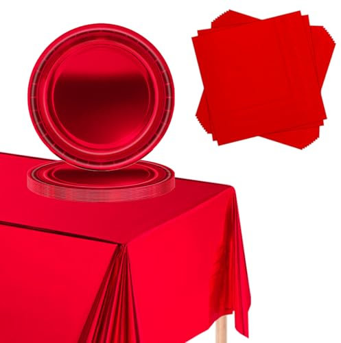 POPOYU 37 Pièces Anniversaire Vaisselle Feuille Rouge de Fête en Papier -16x Assiettes en Papier,20 x Serviettes,Nappe,Ensemble de Vaisselle pour Fournitures de Décoration d'Noël Mariage (16 invités)