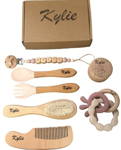 Coffret cadeau naissance bébé personnalisé avec prenom - Bebe fille et garçon-peigne brosse à cheveux - hochet - boite dents de lait personnalisée- set de couvert personnalisé - atttache tétine