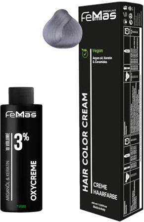 Femmas Kit de coloration pour cheveux argenté I Hair Color Cream 100 ml + Oxycreme 100 ml 3 % I Coloration permanente + développeur I Doux et durable I Teinture pour cheveux de salon pour la maison