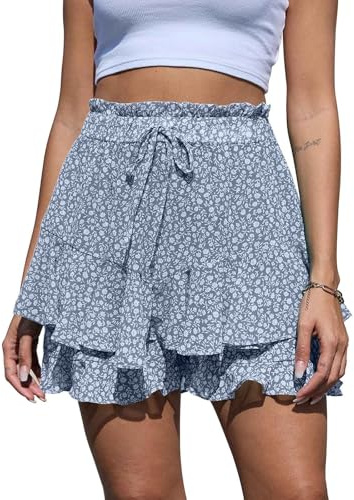 Yutdeng Shorts Damen Sommer Lässig Rock mit Hose Drunter Boho Chiffon Shorts Leicht Hosenrock Kurze Hose Elastische Taille Minirock Blumen Rüschen Strandshorts Locker Sommerhose Freizeit mit Kordelzug