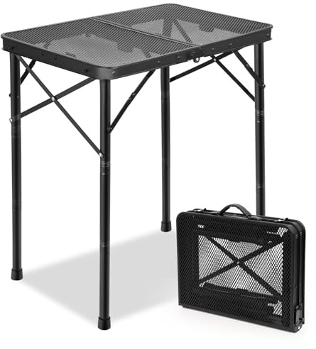 E EASTSTORM Folding Grill Table for Outside, 3 Height Adjustable,Small Camping Table with Black Metal Mesh, Portable Outdoor Table for Picnic BBQ, Garden, Patio, Tailgate & Travel
