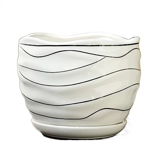 CJHFR472SG Jardinera Macetas de cerámica de Color Blanco Puro con líneas, maceteros medianos con Bandeja, Plantas suculentas for el hogar, Cultivo de Plantas Verdes Interior-Exterior(Grande)