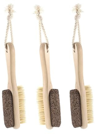 Doppelseitige Pediküre Feile für Hornhautentfernung mit Steinborsten | Beige, Holz und Bimsstein Borsten, 1 Stück mit Aufhängeschnur, Ergonomische Form für Fußpflege
