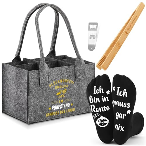 SATINIOR 4 Stück Filz Bier Tasche für Männer,Ich Bin in Rente Ich muss nix | Männerhandtasche mit 6 Fächern, 24 cm Flaschentasche, Biersocken, Flaschenöffner, Grillzange, Geburtstag Vatertag Geschenke