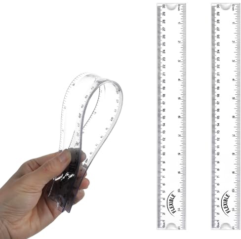Grevosea 2 PCS Flexible Ruler, 30cm/12inch Clear Plastic Ruler Soft Bendable Rulers with Centimeters and Inches for Kids and Adults School Classroom Office Supplies