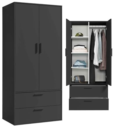 mokebo Kleiderschrank 'Der Kleiderheld' (80x180x51 cm) Made in Germany, Garderobenschrank, Flurschrank, Schlafzimmer & Ankleidezimmer, mit 2 Schubladen & 4 Fächern aus Holz in Anthrazit Schwarz